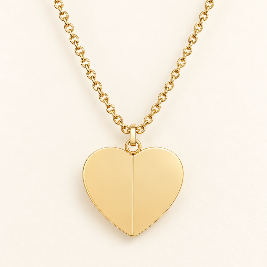 A gold heart-shaped pendant necklace with a smooth, polished finish and a central seam, suspended from a delicate gold chain against a light cream background.