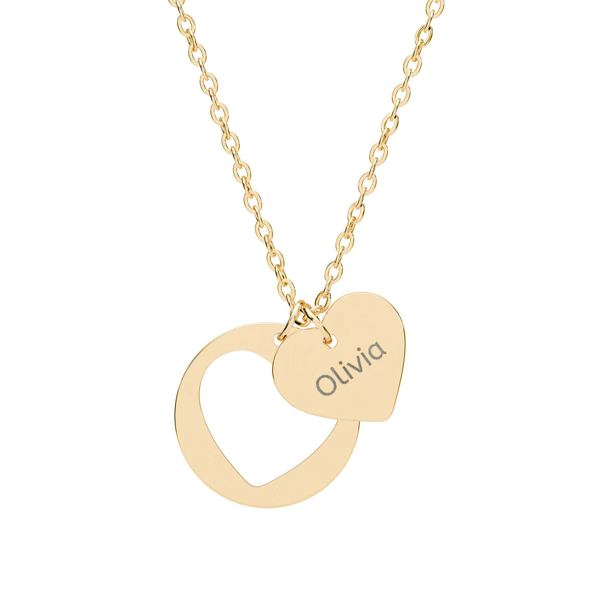Gold necklace with a heart-shaped pendant and 'Faith' engraving on a white background