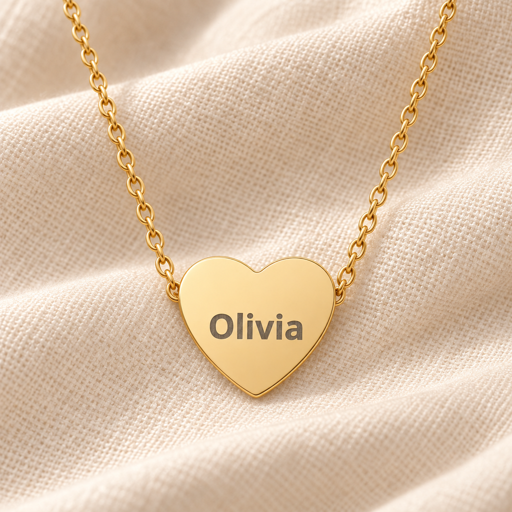 A gold heart-shaped pendant necklace engraved with the name 'Olivia' in dark lettering, resting on a textured beige fabric background.