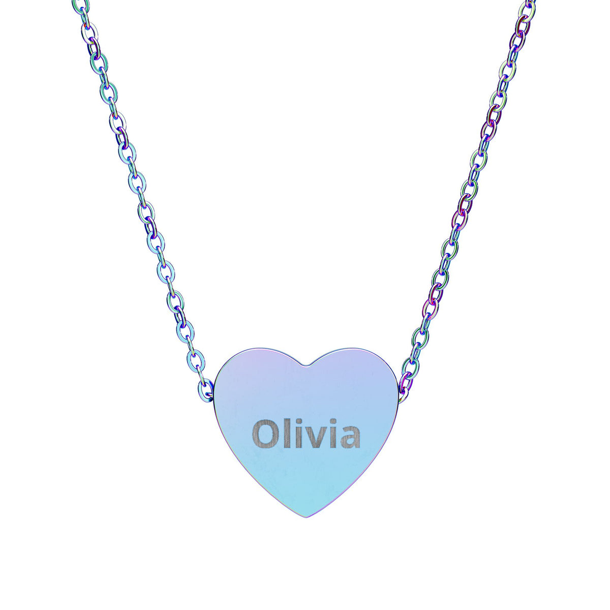 An iridescent heart-shaped pendant necklace with the name 'Olivia' engraved in the center, suspended from a matching chain on a plain white background.
