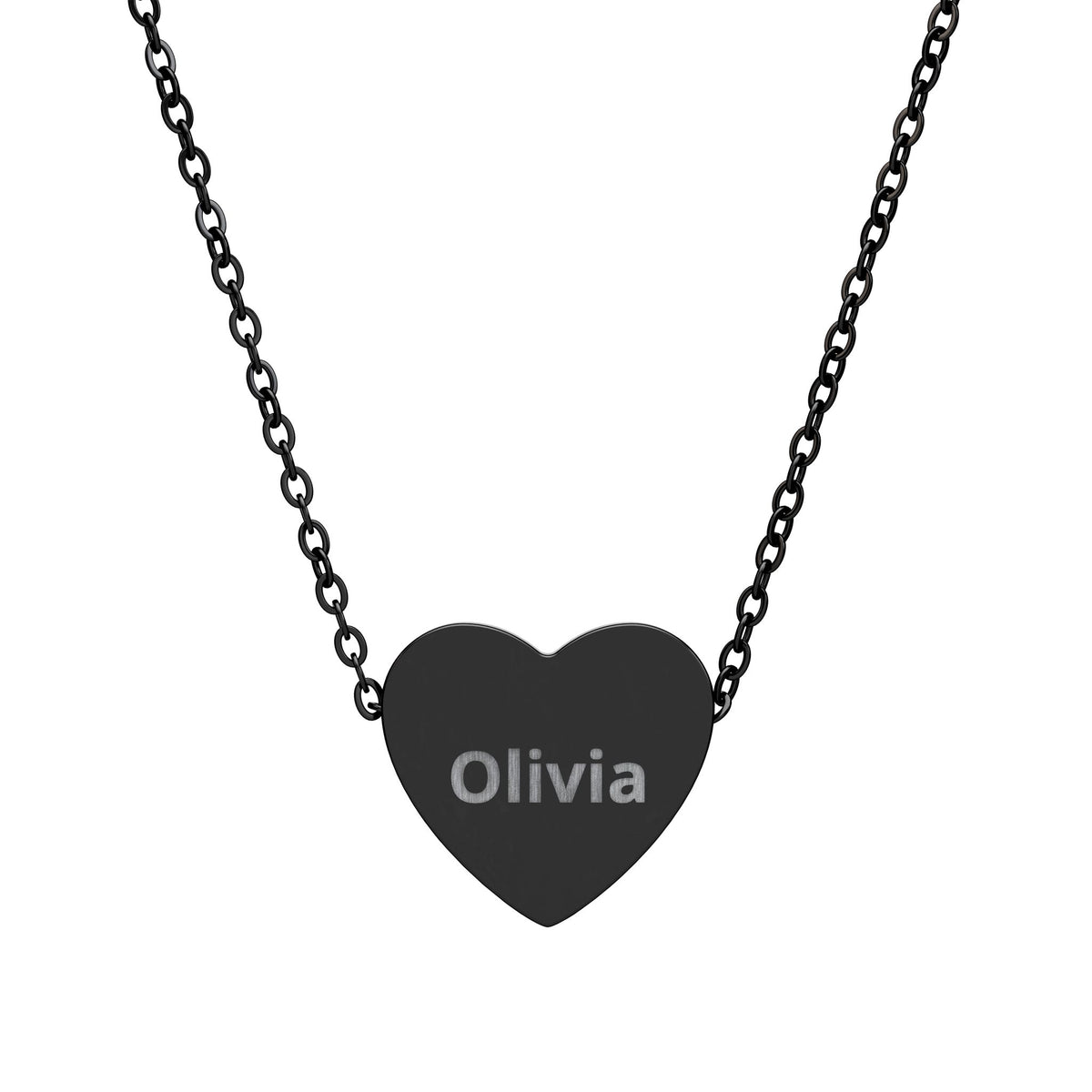 Black heart-shaped pendant necklace with engraved text on a white background