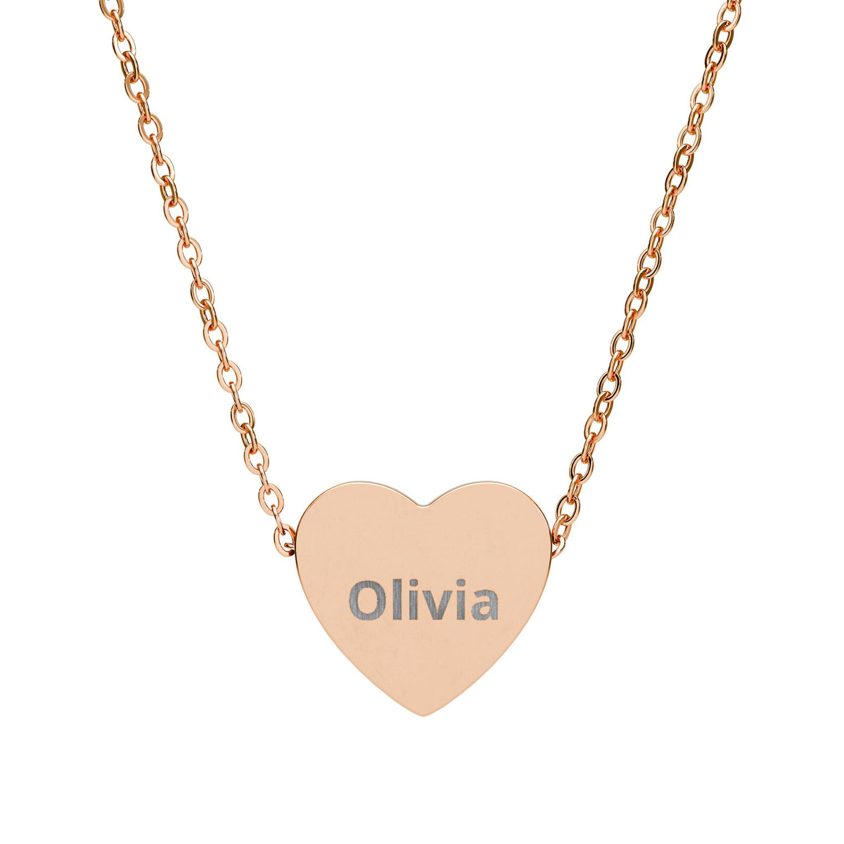 Rose gold heart-shaped necklace with engraved text on a white background