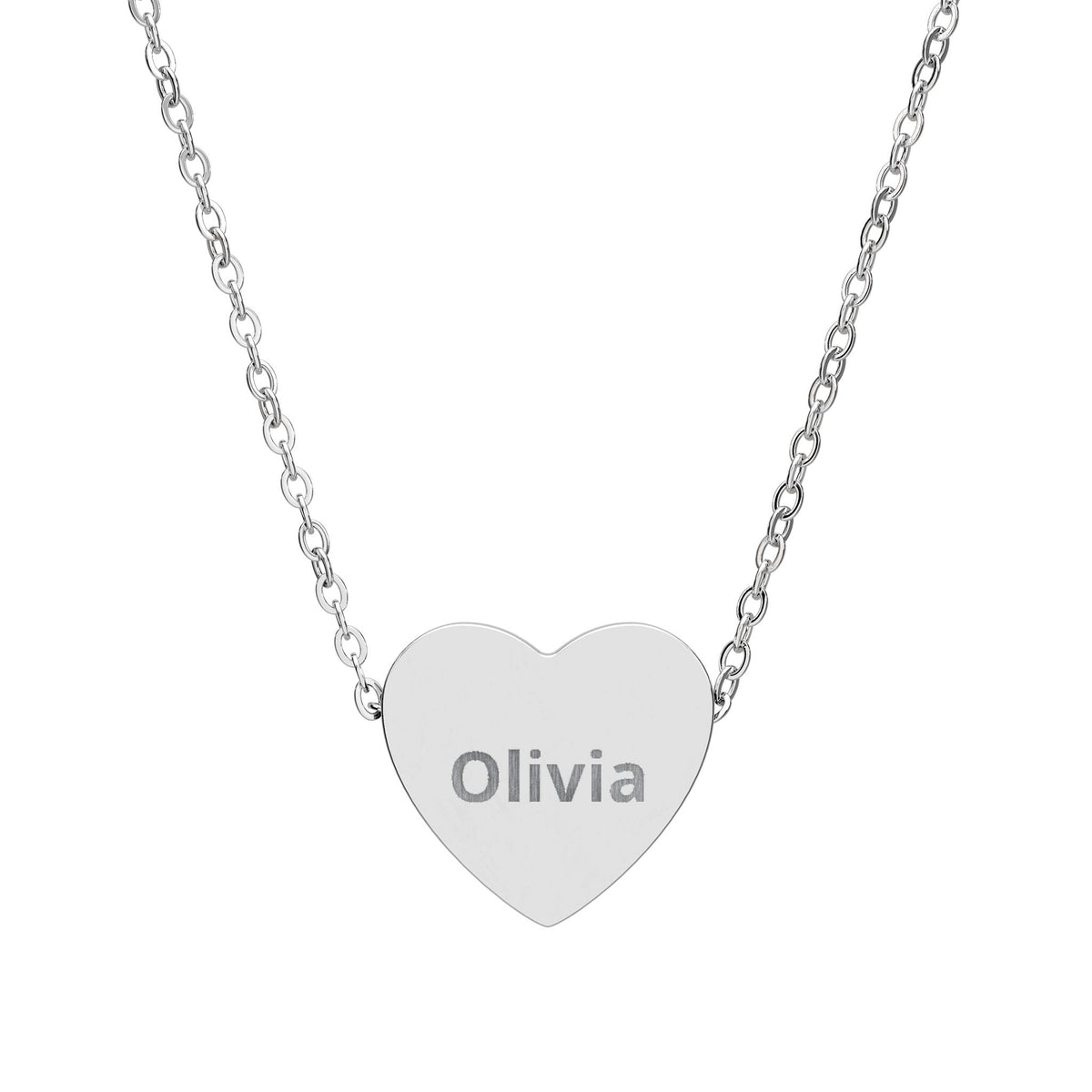 Heart-shaped pendant with engraved text on a silver chain against a white background